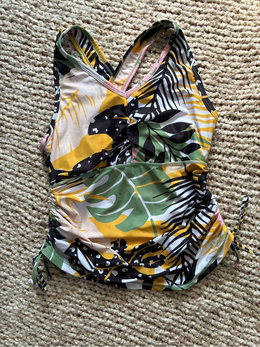 UV Skinz Floral-Striped Swim Top in Pink, Black, Green & Yellow